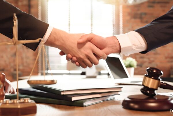 An attorney shaking hands with his client with the scales of justice on his desk